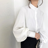 Lantern Sleeve Blouse Women Autumn Winter Single Breasted Stand Collar Shirts Office Work Blouse Solid Vintage Blouse