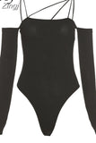 Knitted Solid Black Bodysuit for Women Fashion Elegant Long Sleeves Slash Neck Slim Stretchy Rompers Casual