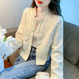 Zingj Texture Short Coat Female Spring And Autumn 2024 New Hot Style National Wind Plate Buckle Long Sleeve Jacket Autumn Women's Wear-Outfit