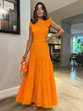 Solid Hollow Out Elegant Women Dress O Neck Flying Sleeve Button Long Dress Summer Chic Casual Beach Women