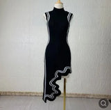 Asymmetrical Wavy Hem Round Collar Knit Midi Dress-Outfit
