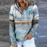 Winter New Fahsion Casual Drawstring Button Tops Pullover Hoodies Women Vintage Landscape Printed Hooded Sweatshirts