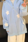 Wing Blue Star Hooded Coats Women Fleece Kawaii Clothes Harajuku Sweatshirts Loose Long Sleeve Sweet Sudadera Mujer