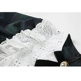 Plaid Dress Vintage Round Neck Bow-Knot Puff Short Sleeve Casual Fashion High Waist Baggy Short Skirt Ladies