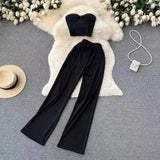 Zingj Strapless Short Top High Waist Casual Loose Wide Leg