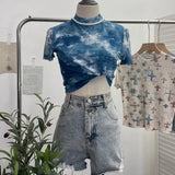 Real Shooting Retro Tie-Dye Double-Layer Mesh Half-High-Neck Short-Sleeved T-Shirt T-Shirt Short-Sleeved T-Shirted Woman
