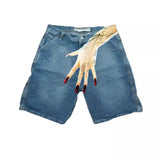 New Hip-Hop Funny One-Hand Pattern Printed Denim Shorts Men's High Street Fashion And