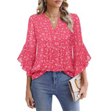 Leaf Seven-Sleeve Tops Solid Color Fashion Casual Casual V-Neck Business Shirt Chiffon Women's