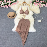Zingj Ins Vacation Style Suit Female Design Sense Bikini Hanging Neck Vest Versatile Tassel Skirt Knit Two