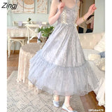 Sweet Lace Slip Midi Dress Women Elegant Designer Fairy Lolita Long Dress Female Summer High Waist Party Bodycon
