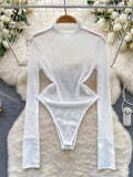 Fashion Mesh Sheer Playsuits 2023 Ladies Turtleneck Long Sleeve Transparent Sensual Top Open Crotch Slim Sexy