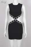 O Neck Sleeveless Cut Out Diamond Bandage Dress Women Black Backless Luxury Diamond Mini Bodycon Dress Evening Club