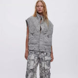 2025 New Women's Gray Standing Collar Sleeveless Cotton Jacket Vest Vest 4088241