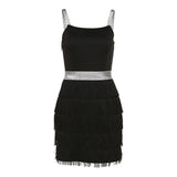 Women Crystal Sling Square Collar Sexy Backless Fashion Tassel Slim Fit Hip Formal Dress Sequined Bodycorn Party Shiny