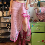 Pink Lace Slit Maxi Skirt- Outfit