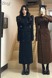 Autumn Winter Extra Long Black Elegant Luxury Fitted Woolen Coat Women Puff Sleeve Blet Luxury Designer Clothes