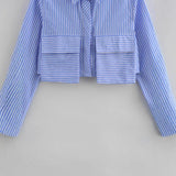 2025 New Pocket Decorated With Blue Striped Short-Sleeved Shirt For