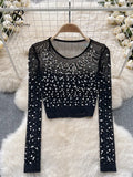 Pearls Beadings Women Blouse O Neck Long Sleeves Mesh Sheer High Quality Korean Style Fashion Hotsweet Streetwear