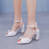 Cm Coarse Heel Sandals Square Coarse Sandals White Pearl Wedding Dress Sandals Pearl Wedding Shoes
