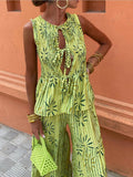 Print Women Ruffles Wide Leg Loose Pants Suit Elegant Hollow Out Lace Up Pleated Tops Set 2024 Female Holiday