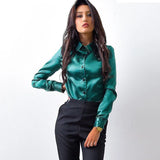 Women Blouse Elegant Wine red Green Satin Shirt Turn Down Collar Longth Sleeve Female Formal Office OL Blouse Women