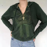 Hoodies with Pockets 90s Vintage Graphic Y2K Aesthetic Coat Top E-girl Sweatshirts Spring Autumn Printed Zipper