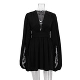 Zingj 2023 Women's French Bubble Sleeve High-Waisted Dress V Neck Sexy Waist-Outfit