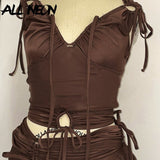 Cyber Y2K Aesthetics Drawstring Ruched Lace Up Tank Tops 2000s Fashion Cute Hollow Out Backless Patchwork Crop Top