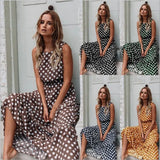 Sexy O Neck Sleeveless Boho Polka Dot Print Maxi Dress 2020 Casual Empire A Line Robe Ladies Party Long Dresses