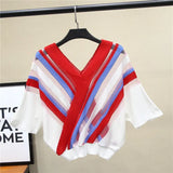 Bat Sleeve Ice Silk Knitted Sweater Women Thin Striped Contrast Color Sleeves Stretch Sweater Pullover Female Spring