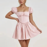 Pink Short Puff Sleeve Corset Style Mini Dress- Outfit