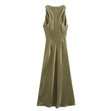 2025 New Fashion Round Collar Sleeveless Black Silk Satin Texture Dress Women
