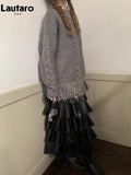 Spring Autumn Black Pu Leather Midi Tiered Skirt Women with Elastic High Waist Long Elegant Luxury Designer Clothes