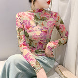 S-4XL Spring Autumn High Neck Mesh Long T-shirts Fairy Lady Long Sleeve Printed Floral T Shirt Women Slim Tops