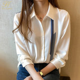 Han Queen New Blouse Women Spring Autumn Single Breasted Turn-down Collar Shirts Office Work Blouse Chiffon Vintage Loose