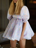 Square Neck Pleated A-Line Dress Spring Summer Short Sleeve Loose Floral Print Dress Women Elegant Puff Sleeve Party Dress 211-1-Outfit