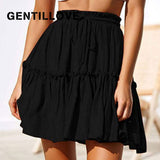 Summer Boho Pleated A Line Skirt Women Vintage Short Skirts Casual Ruffled Mini Skirt with Sashes Holiday Beach