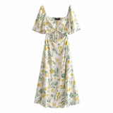 Women Floral Printed Hollow Out Casual Midi Dress 2021 Summer Vintage Slit Lace-Up Prom Party Dresses Holiday