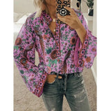 Women Print Blouses Casual Loose Tops Stand V Neck Long Sleeves Button Plus Size Pullover Female Tee Shirts