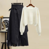 Zingj Women Winter Patchwork Long Sleeve Knitted Tops + Asymmetric Skirt 2 Piece Suit Female Party Elegant Two Piece Set 102-1-Outfit
