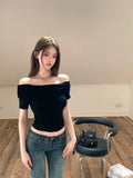 Hot Girl Sexy Black Off Shoulder Short-sleeved T-shirt Women's Summer Tight Waist Short Slash Neck Top Female
