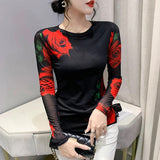 S-3XL Girls Fixed Printing Mesh T-Shirts Tees Female Full Sleeve O Neck Stretchy Tshirt Black Tops Women 2023