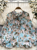 Korean Print Chiffon Shirt Bow Neck Long Sleeves Loose Leopard Top Casual Paisley Vintage Floral Blouse Spring