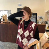 Y2K Knitted Vest Argyle Sweater Vest V Neck Sleeveless Jumper Preppy Style Plaid Knitted Pullover Autumn Winter