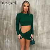 Spring Fashion Sexy Two Piece Set with Low Waist Pencil Skirt Solid Green White Bodycon Long Sleeve O-neck Shirt