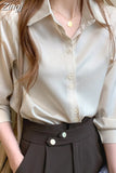 Women's Silk Shirts V-neck Solid Laides Tops Womens 2023 Spring Fashion Satin Long Sleeve Blouses Button Up White OL Vintage