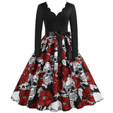 Midi Women Halloween Dress Autumn Winter Vintage Printed V-Neck Long Sleeve Swing Party Festival Sundress S~3XL