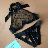 Pajamas Women Hot Sex Suit Dot Mesh Bowknot Cutout Strap On Harness Sexy Transparent Cuecas Lingerie Set Halter
