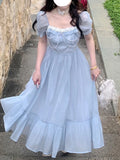 Blue Elegant Fairy Dress Women Bow Bandage Party Midi Dresses Casual Korean Fashion Lace Chic Lolita Dress Female