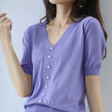 Silk Knitted Sweater Short-Sleeved Women's Summer New V-Neck Pearl Button T-Shirt Loose And Thin Short Five-Point Sleeve